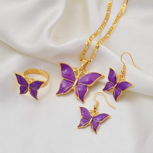 Purple Butterfly Jewelry Sets Pendant Chain Neckalces Earrings Ring For