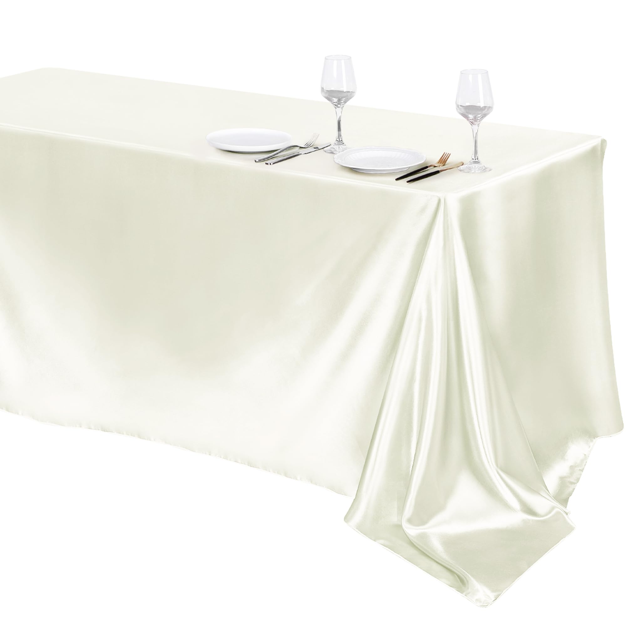 Photo 1 of TURSTIN 1 Pack Ivory Satin Tablecloth 102 x 58 Inch Overlay Satin Table Cover Rectangle Bright Silk Tablecloth Smooth Fabric Table Decoration for Wedding Banquet Party Events