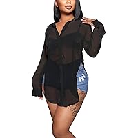 EDITCOZY Women's Sheer Cover Ups Button Up Blouse Sexy Long