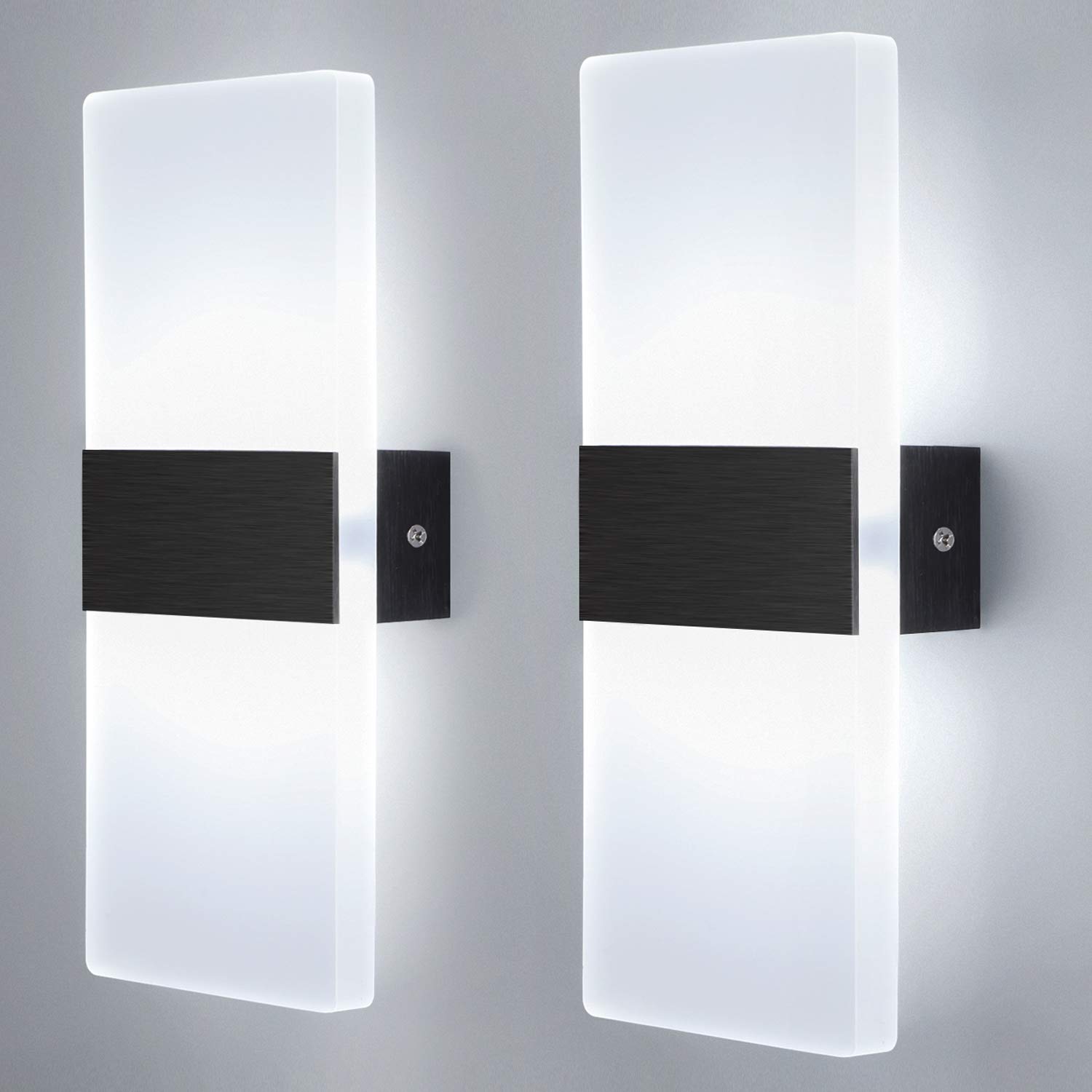 Glighone 2Pcs LED Indoor Wall Lights Modern Wall Lamp Black Acrylic Wall Lighting Fixtures Wall Lights for Bedrooms Living Room Hallway Corridor Stairs,12W Cold White