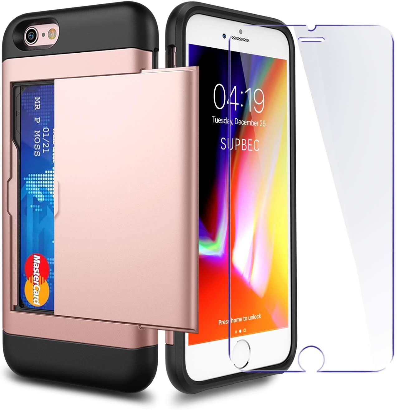 iPhone 6 / 6s Case with Card Holder and[ Screen Protector Tempered Glass x2Pack] SUPBEC i Phone 6/6s Wallet Case Cover with Shockproof Silicone TPU + Anti-Scratch Hard PC - Full Protective(Rose Gold)