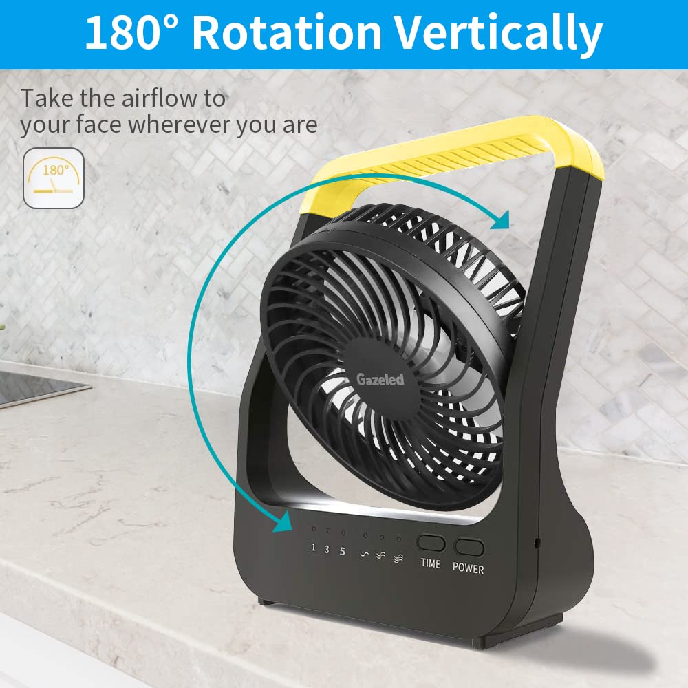 Gazeled F15 Battery Powered Fan, Long Lasting Battery Operated Fans for Camping, Portable D-Cell Desk Fan with Timer, 3 Speeds, Whisper Quiet, 180° Rotation, for Office, Bedroom, Outdoor, 5''