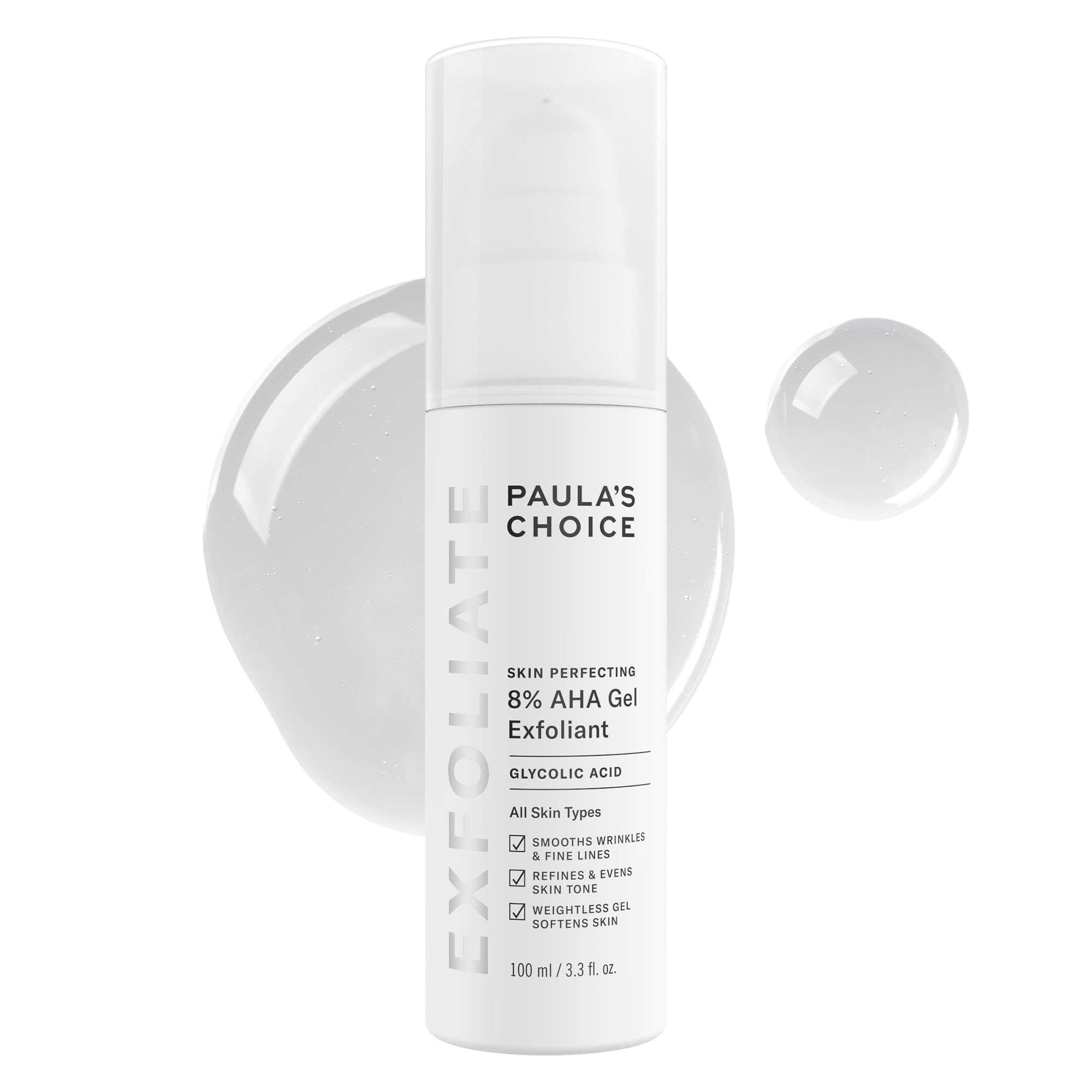 Paula's Choice Skin Perfecting 8% AHA Gel Exfoliant - Gentle Glycolic Acid Face Exfoliator Reduces Wrinkles & Uneven Skin Tone - Chemical Peel Dissolves Dead Skin - All Skin Types - 100 ml