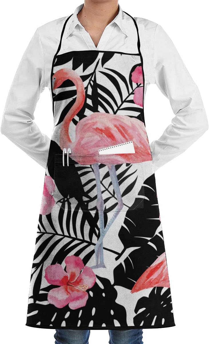 Black Palm Leaves, Pink Flamingos And Five-petaled Flowers 1 Piece Adjustable Apron Pocket For Men And Women In Cooking, Barbecuing And Baking