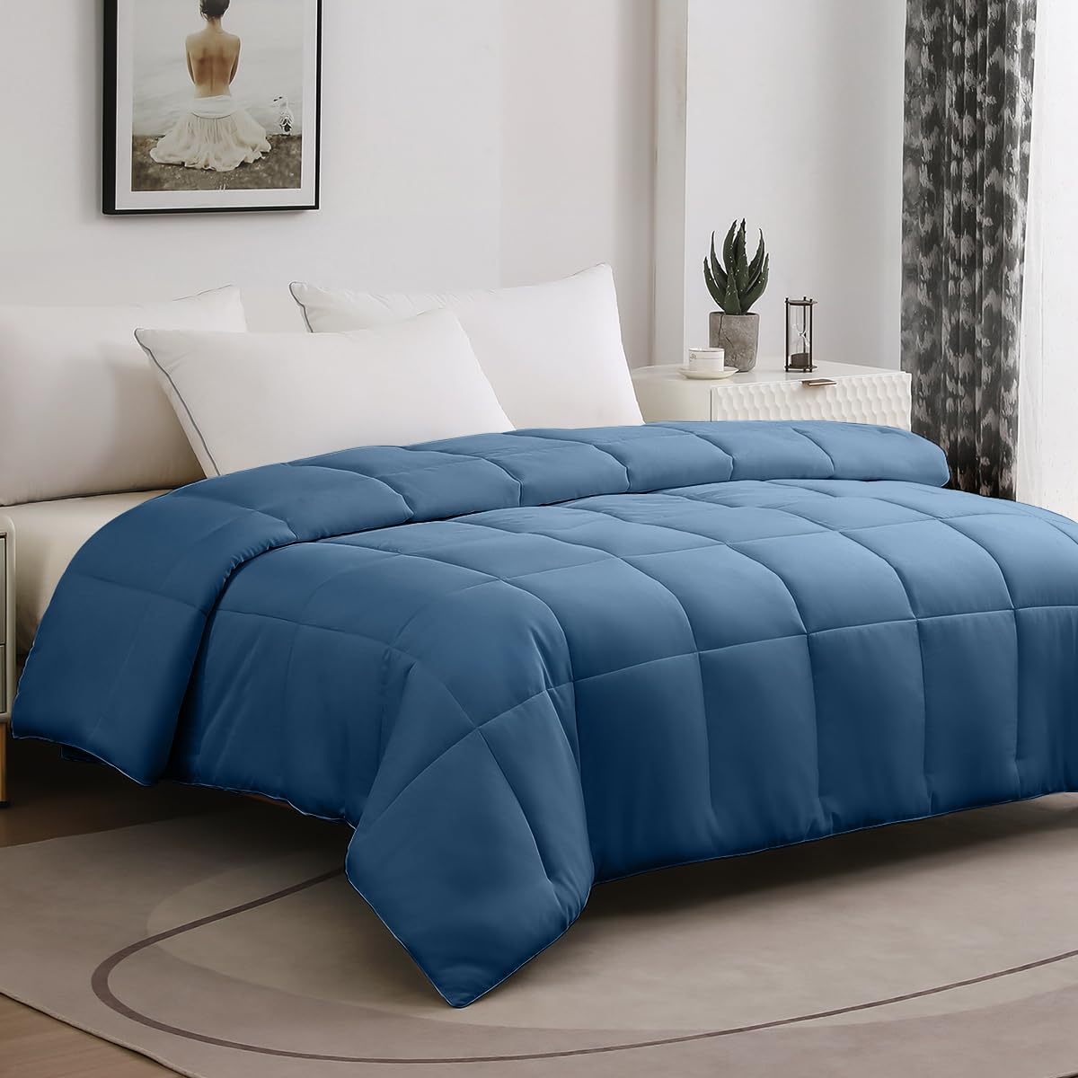 Photo 1 of 100% Viscose Made from Bamboo Comforter, Soft Lightweight Queen Size Summer Cooling Comforter Down Alternative Duvet Insert, 8 Corner Tabs?88x88 Inches, Dark Blue-Summer?