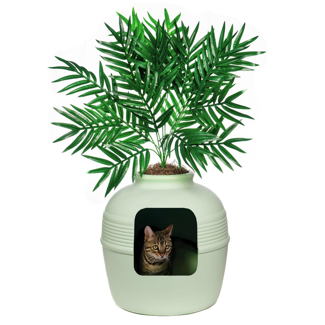 Photo 1 of Good Pet Stuff Hidden Cat Litter Box Enclosure with Artificial Plant, Decorative Round Planter, Vented Carbon Charcoal Filter for Odor Control, Easy-to-Clean, Made in USA, Base Kit, Green