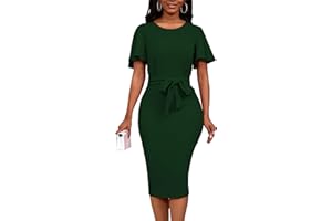 Yajedo Women's Bodycon Midi Dresses Crewneck Ruffle Sleeve Work Business Cocktail Party Pencil Dress with Belt