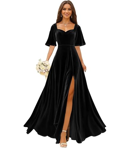 HLDresses Flutter Sleeve Velvet Bridesmaids Dresses V Neck Women Wedding Long Bridesmaid Dresses for Fall Blush Pink Size 2 : Clothing, Shoes & Jewelry