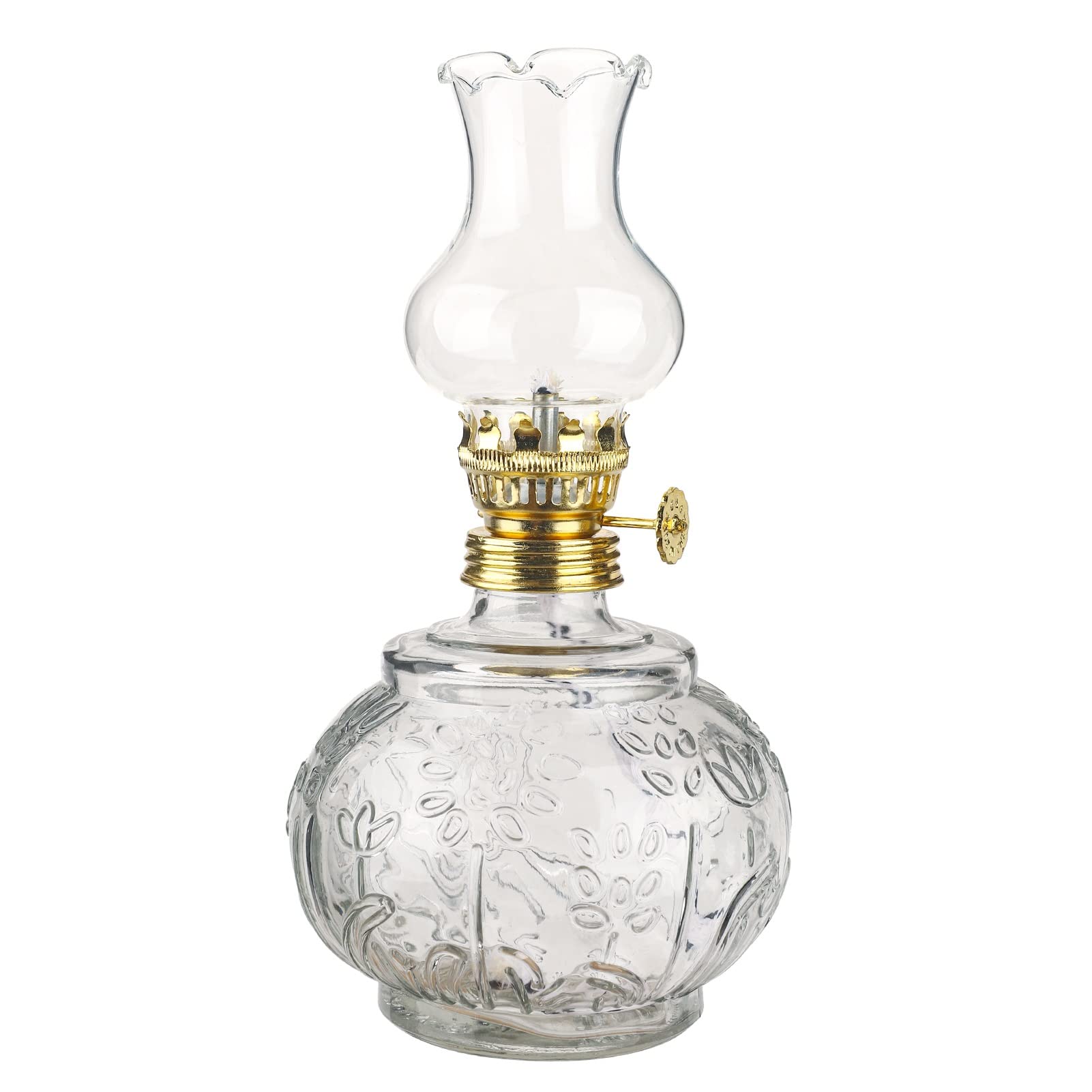 amanigo 8.27in Small Glass Oil Lamp - Beautifully Carved Glass Base With High Light Transmission Windshield Shade Paraffin Lamp