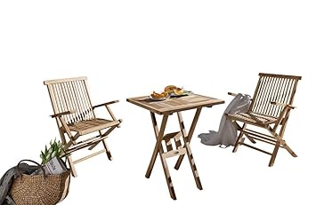 SAM 3-TLG. Balkongruppe Square, Teak-Holz, Gartenset, 1x Tisch 60x60cm + 2X Klappstuhl, Gartengruppe klappbar