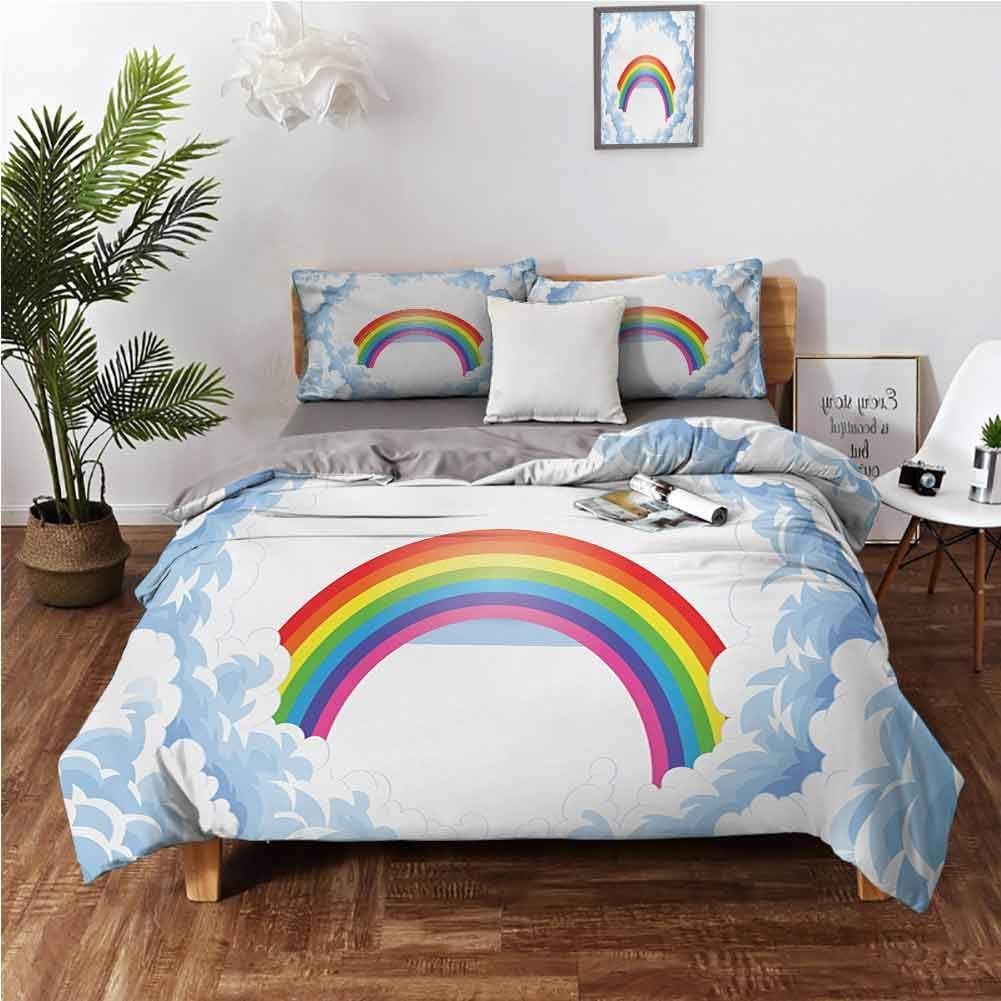 Mannwarehouse Cartoon Duvet Cover Set Rainbow Above Fluffy Cute Romantic Clouds for Kids Nursery Art Premium Soft Luxury 3 Piece Bed Sheet Set Solid Soft and Breathable - Twin 68"x90"