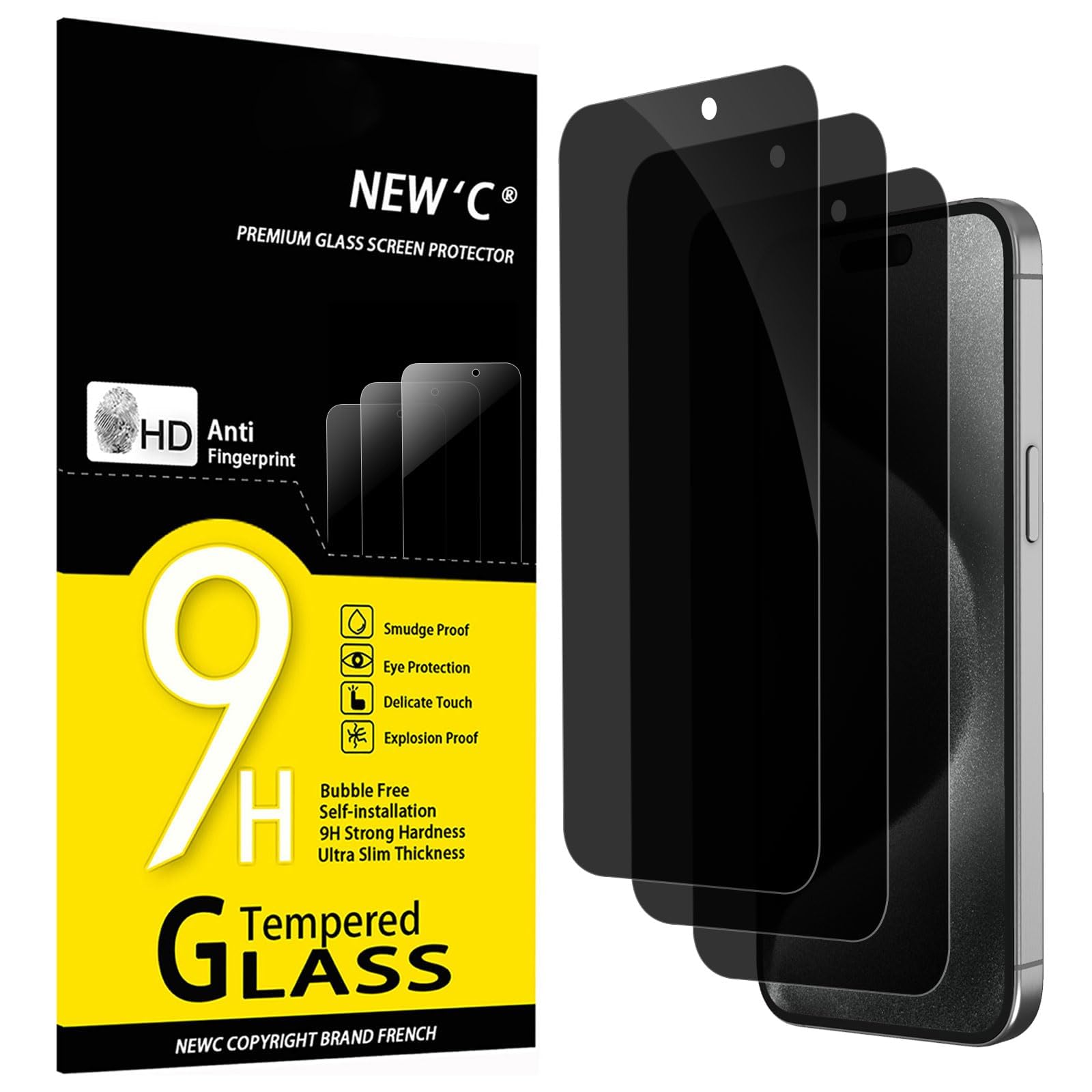 NEW'C 3 Pack Anti-Spy Tempered Glass for iPhone 15 Pro Max, iPhone 15 Plus (6.7 inches), 28 Degree Privacy Angle Balanced with Eye Protection, 9H Hardness, Resistant, Bubble Free