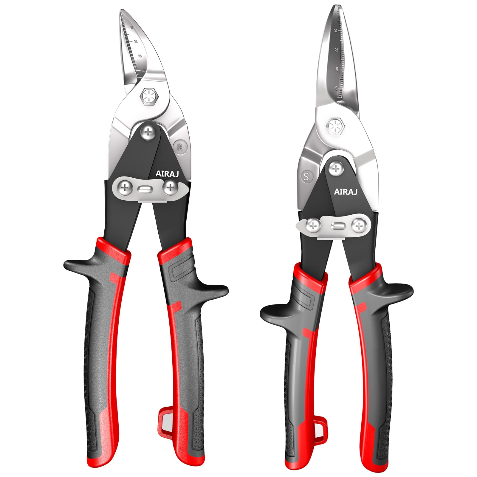 AIRAJ 8" Aviation Tin Snips 2-Piece Set - Heavy Duty Tin Cutters CR-MO, Double Lever, Scale Markings & Safety Lock, Fits Aluminium, UPVC, Wire Mesh, Leather, Copper, Plastic & Mild Steel