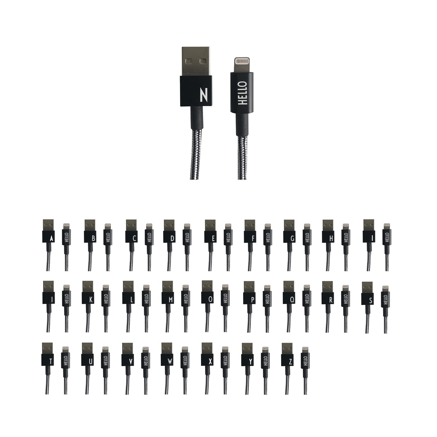 Design Letters MyCable Compatible for iPhone 1 Meter (A-Z) | USB C Cable CE Certified, RoHS & REACH Compliant | USB 2.0 Cable Type C Charger | Nylon braided USB C Charging Cable | Personal Cable Black