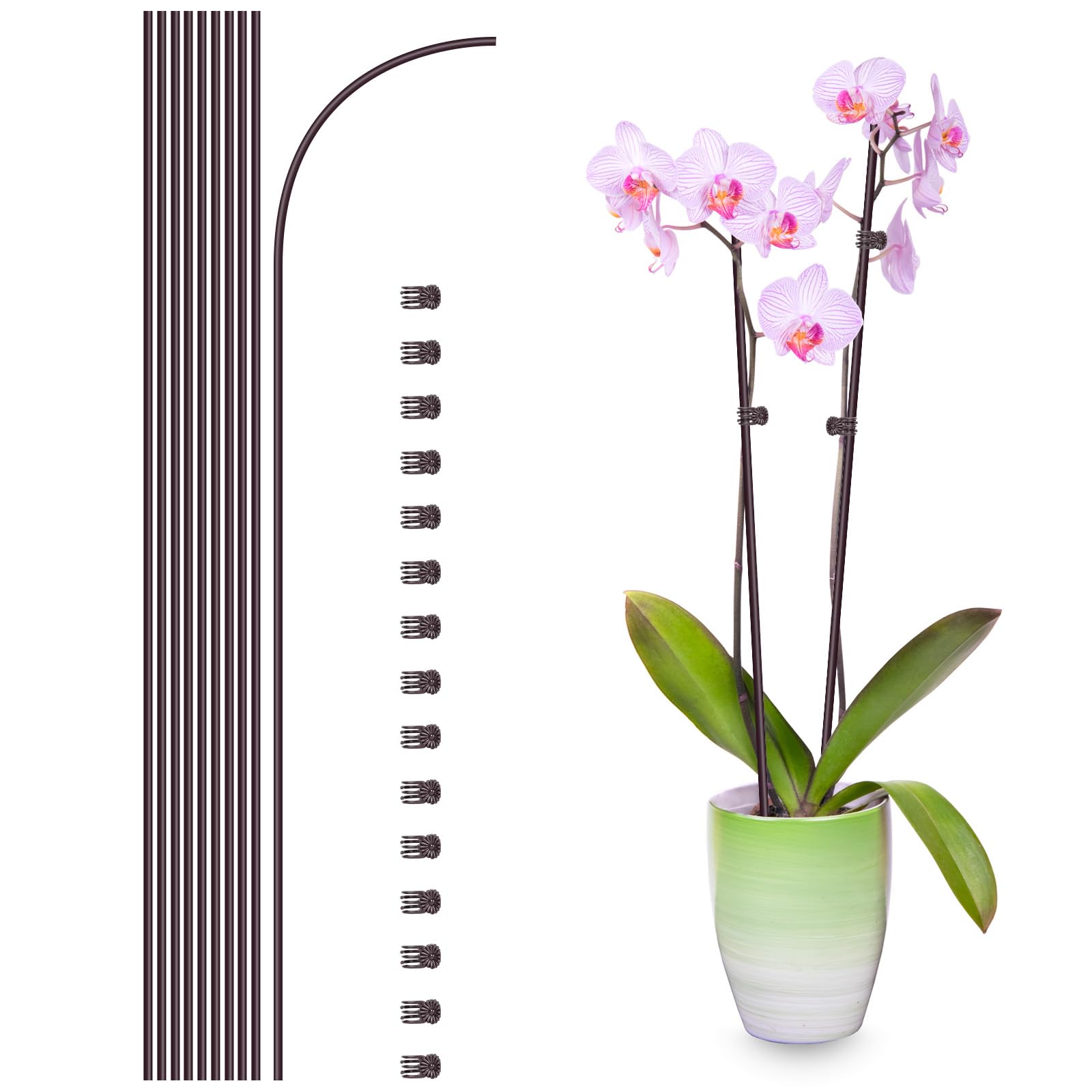 Photo 1 of 10Pcs Plant Support Stakes with 15 Pcs Plant Clips, Plant Sticks for Indoor and Outdoor Plants, Orchid Clips and Stakes,16inch Tall Bendable Single Stem Flower Stakes Bendable (10, Brown-16inch)