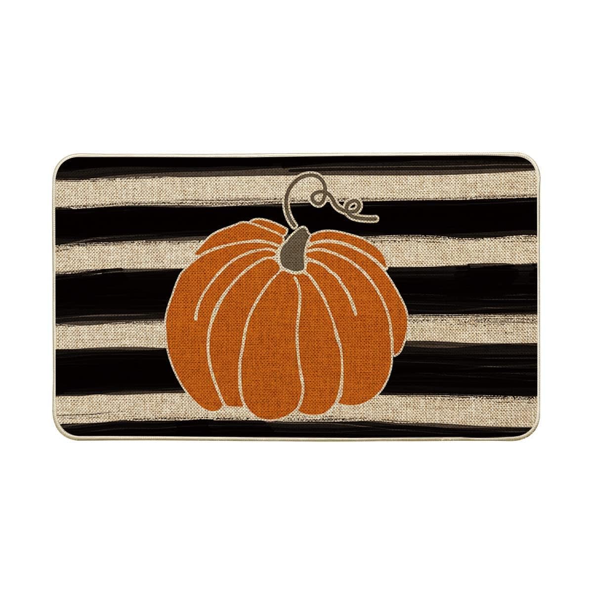 Photo 1 of Artoid Mode Watercolor Stripes Pumpkin Decorative Doormat, Fall Seasonal Harvest Thanksgiving Vintage Rustic Low-Profile Yard Floor Mat Switch Mat for Indoor Outdoor 17 x 29 Inch