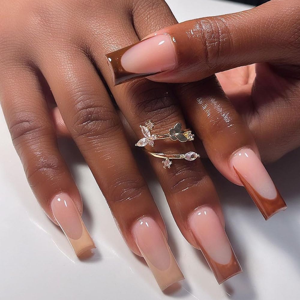 BAOYAALIN Brown Press on Nails Medium Long Square Fake Nails with Design Gel Glue on Nails for Women Girls Full Cover Acrylic False Stick on Nail Manicure for Wedding 24Pcs