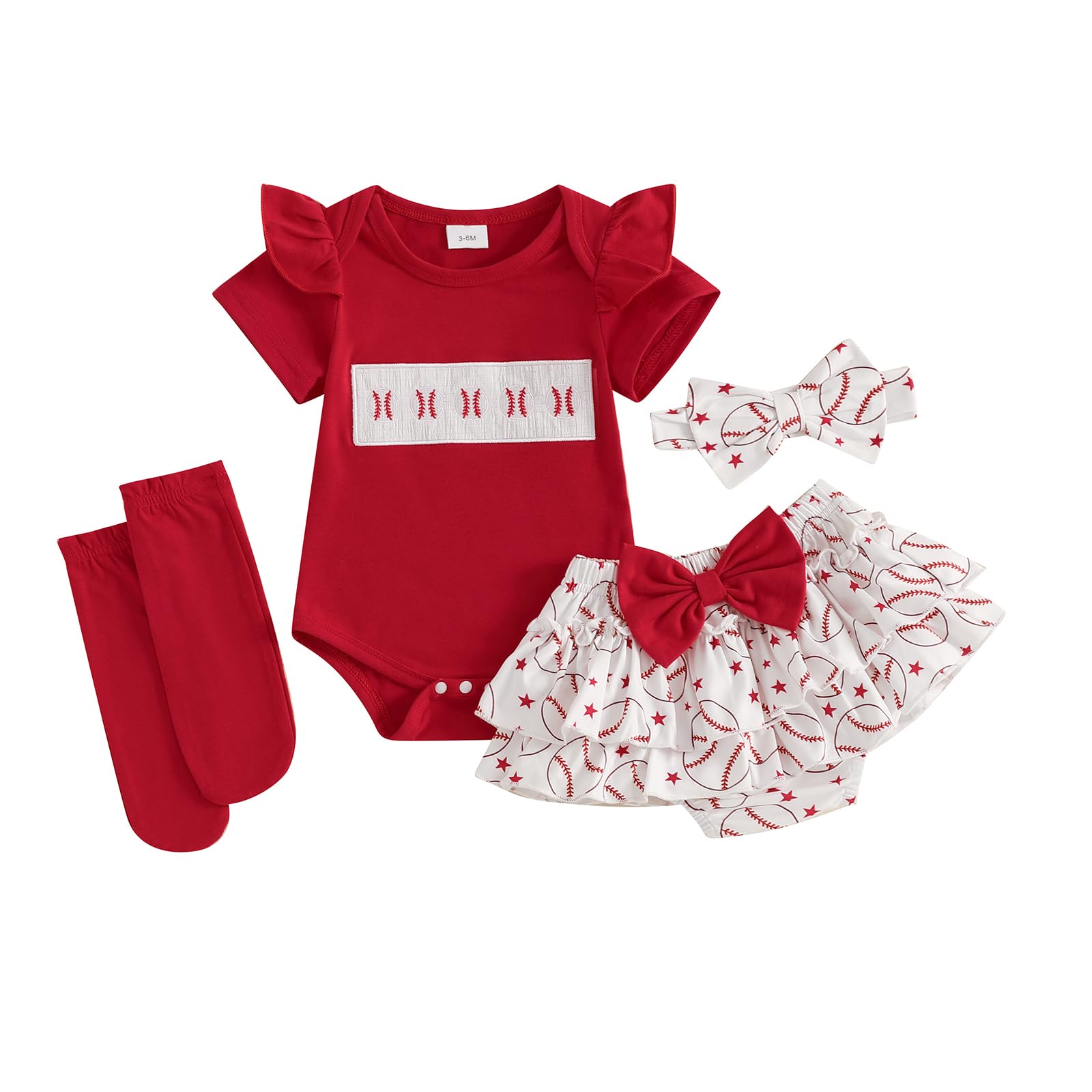 Photo 1 of Ysfanwuxi Newborn Baby Girl Baseball Outfit Short Sleeve Romper Baseball Ruffle Skirt Shorts Set Socks Hairband Summer Clothes (Red, 6-9 Months)