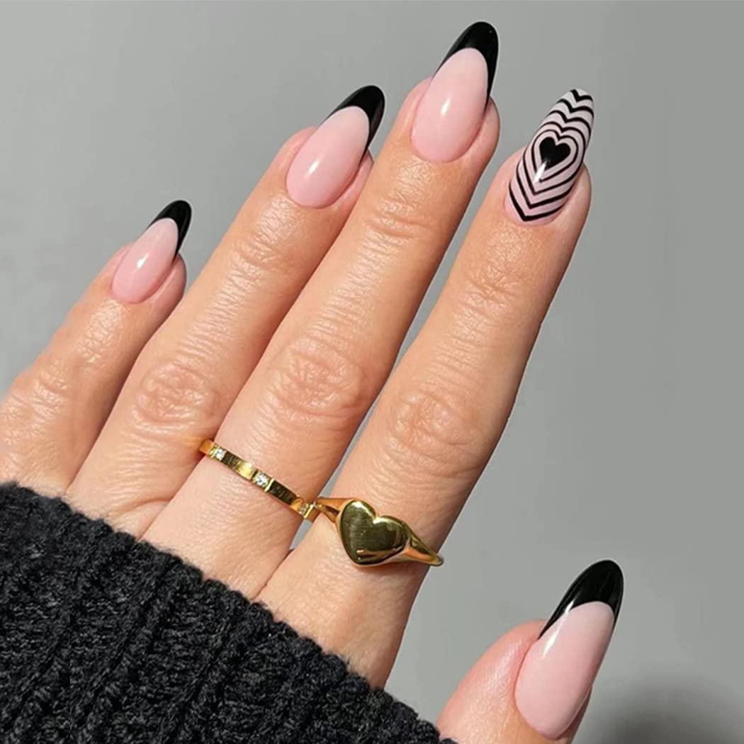 Sethexy Valentine's Day Almond False Nails - Love Heart Press-on Pink Fake Nails - 24Pcs Acrylic Stick-on for Women and Girls