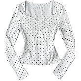 RoseSeek Girl's Cute Polka Dots Long Sleeve Tee Top Ruched Sweetheart Neck Coquette T Shirts