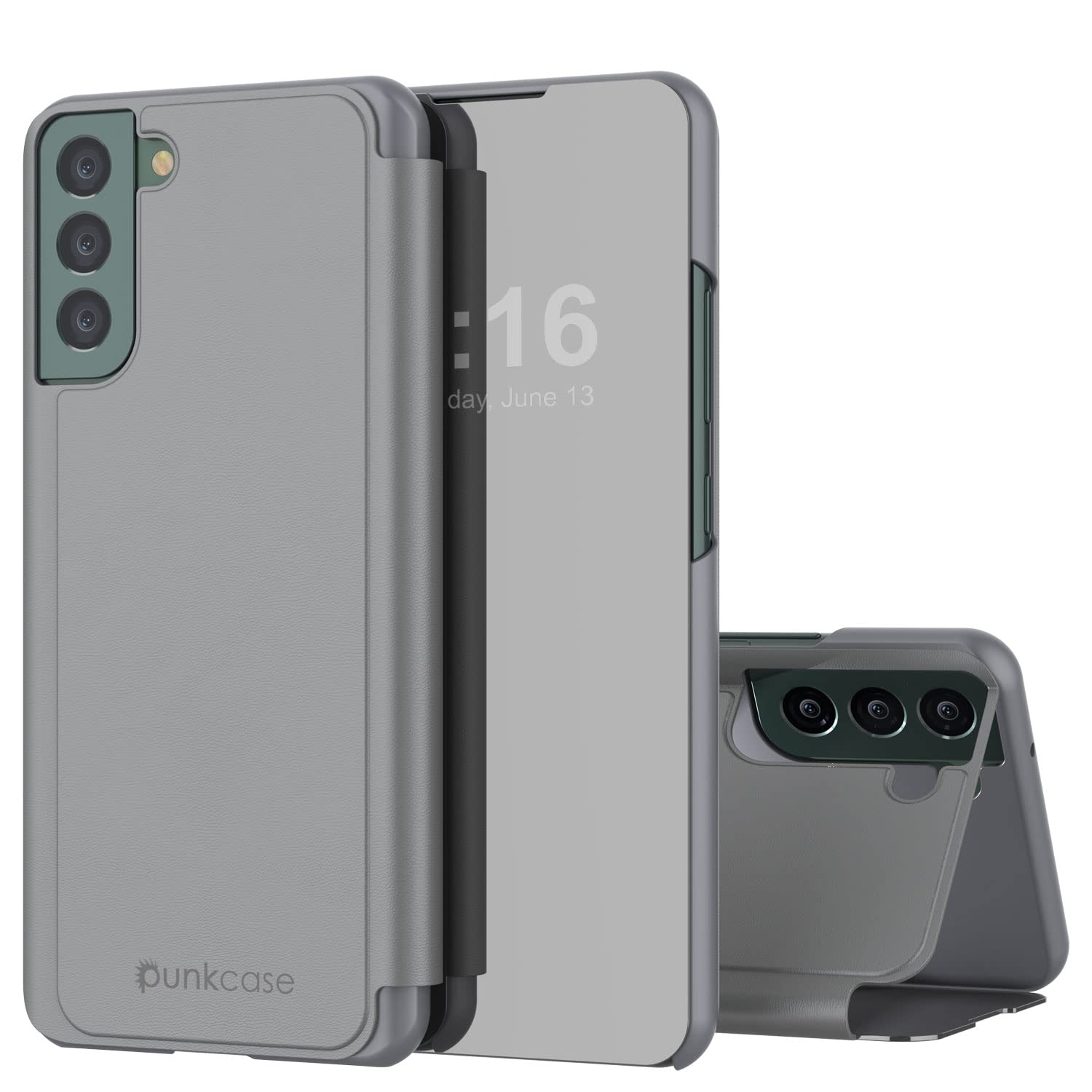 Punkcase S22 Reflector Case Protective Flip Cover W/Scratch Resistant Translucent Mirror Front & Non-Slip PU Leather Back Integrated Kickstand for Galaxy S22 5G (6.1") (2022) (Silver)