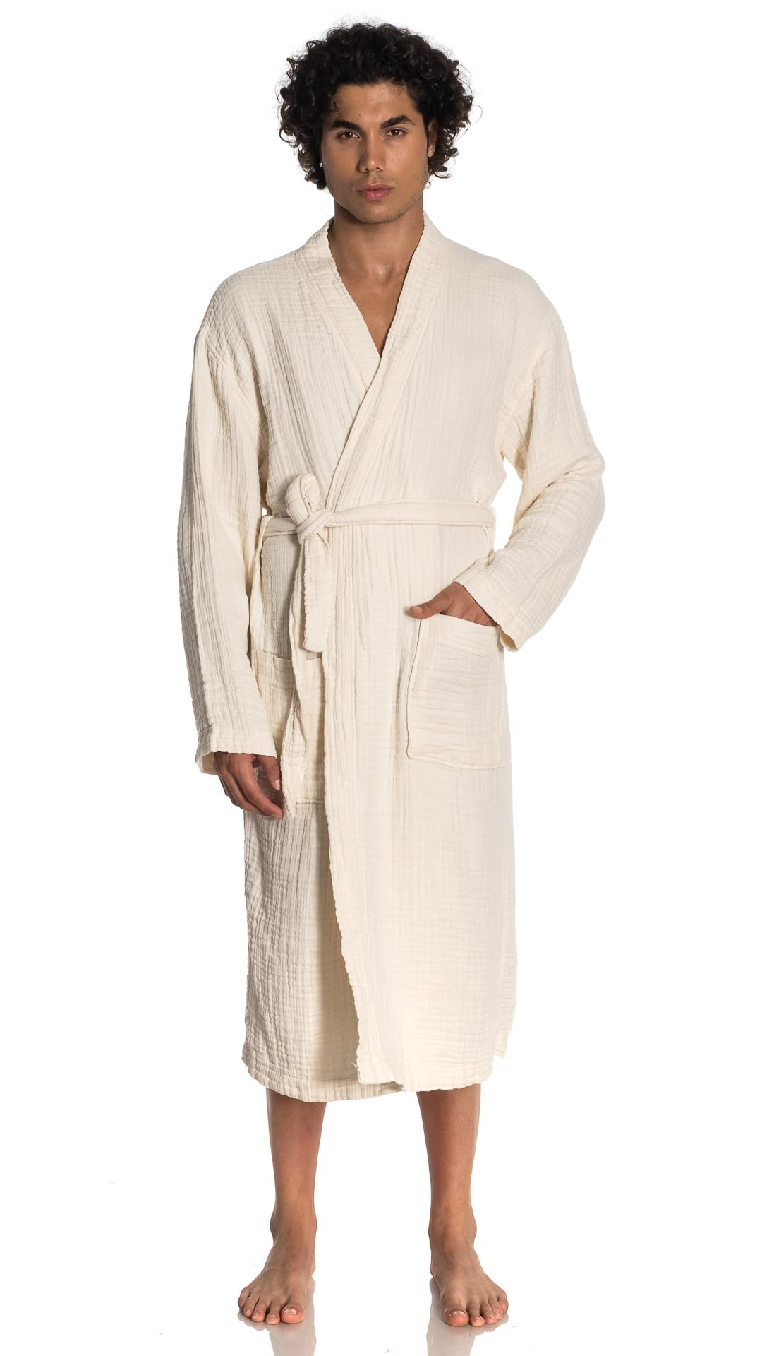 FOR SUSTAINABLE LIFE Muslin Unisex Bathrobe,Turkish 100%Cotton ,Soft, Absorbent, Natural Garment Wash (Natural, Small / Medium)