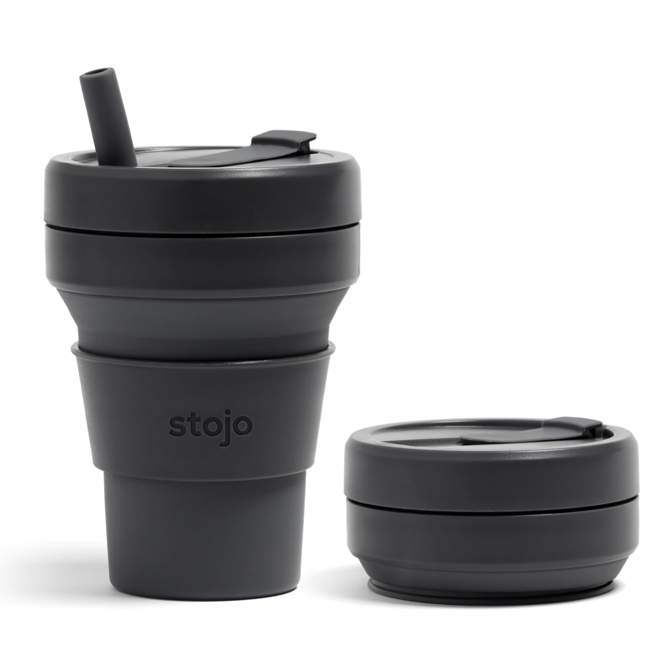 STOJO On-The-Go Biggie Collapsible Coffee Cup with Lid - 16oz / 473ml - Reusable & Foldable Silicone Travel Mug - Portable, Pocket Size - Dishwasher Safe - Carbon