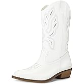 mysoft Women's Western Cowboy Boots Embroidered Mid-Calf Pointed Toe Cowgirl Boot