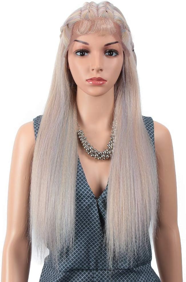 Joedir 24" Straight Yaki Free Part Lace Frontal Wigs with Baby Hair Hight Temperature Synthetic Wigs For Black Women 180% Density Wigs Mixed Blue Blonde Color 200g(SB PKGD2/LAPU6/SKYBL2)