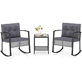 Tangkula 3-Piece Outdoor Rocking Chair Set w/ 2-Tier Glass-Top Side Table | 400 LBS | Rattan | Seat Cushions & Back Pillows |