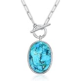 AIBAO Large Oval Turquoise/Coral/Malachite Halo Necklaces for Women 10-12 Carat Natural Gemstone Necklace Rhodium Plated Sterling Silver Statement Necklace with Toggle Clasp