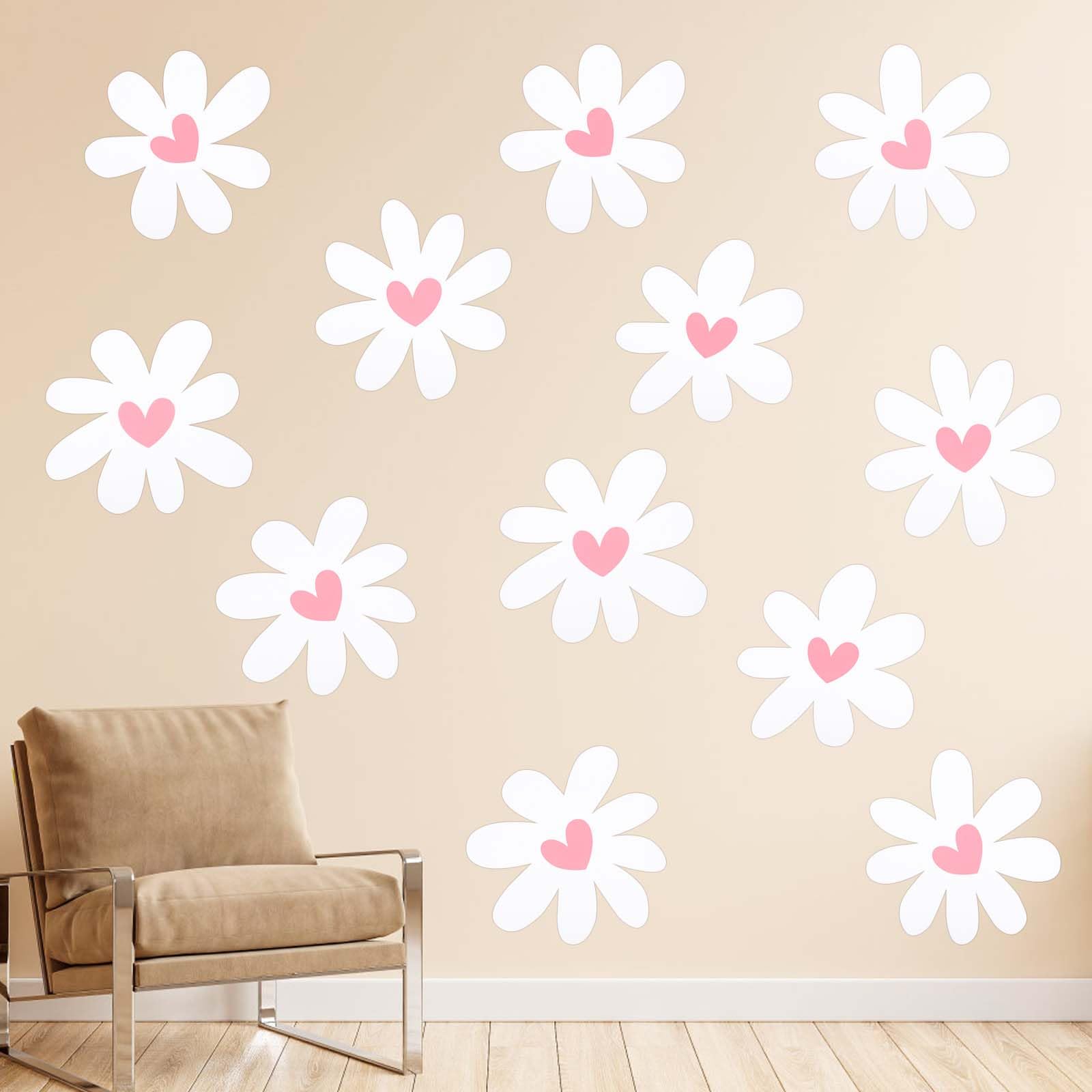 12 Sheets Daisy Wall Decals, Pink Heart Decals Boho Flower Wall Decals Daisy Wall Stickers Peel and Stick White Flower Wallpaper Daisy Window Decals for Home Nursery Room Decor