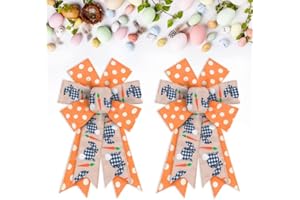 HEUREPPY 2pcs Easter Wreath Bows Easter Decor Bow Orange Brown Spots Rabbits Burlap Bows for Wreaths, Easter Ribbon Bows Tree Topper Bows for Easter Day Home Indoor Outdoor Decoration Wreath Ornament Supplies
