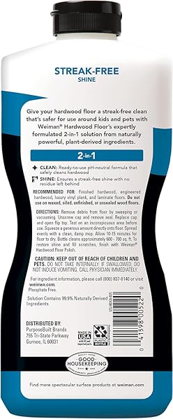 WEIMAN HARDWOOD CLEANER FOR FINISHED HARDWOOD FLOORS, ENGINEERED FLOORS, LAMINATE – STREAK-FREE RESULTS, EPA SAFER CHOICE CERTIFIED, 32 OZ