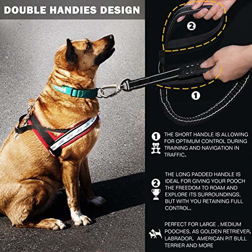 Fashion&cool Heavy Duty Dog Leash Especially Large Dogs Up to 150lbs, 6 Ft Reflective Dog Walking Training Shock Absorbing Bungee Leash Car Seat Belt Buckle, 2 Padded Traffic Handle Extra Control