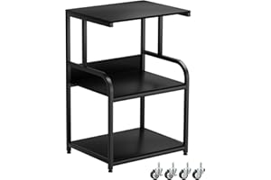 EasyCom Printer Stand- Large 3 Tier Sofa Side Table with Wheels- Industrial Printer Storage Cart- Modern Night Stands with Storage Shelf for Living Room Bedroom Office Black