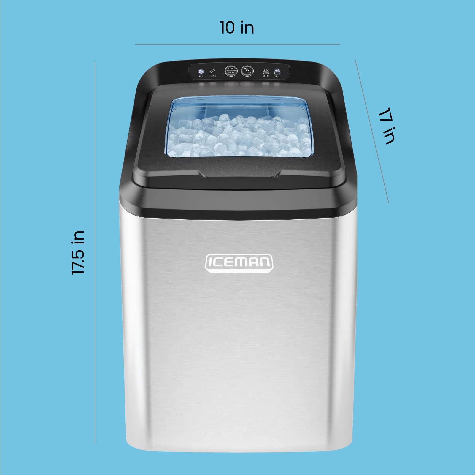 Iceman Countertop Nugget Ice Maker – Pebble Ice Machine, Soft Chewable Pellets in 20 Min, 26Lbs/24H, 3lb. Capacity, Waterline-Compatible, Self-Cleaning, Stainless-Steel + Scoop