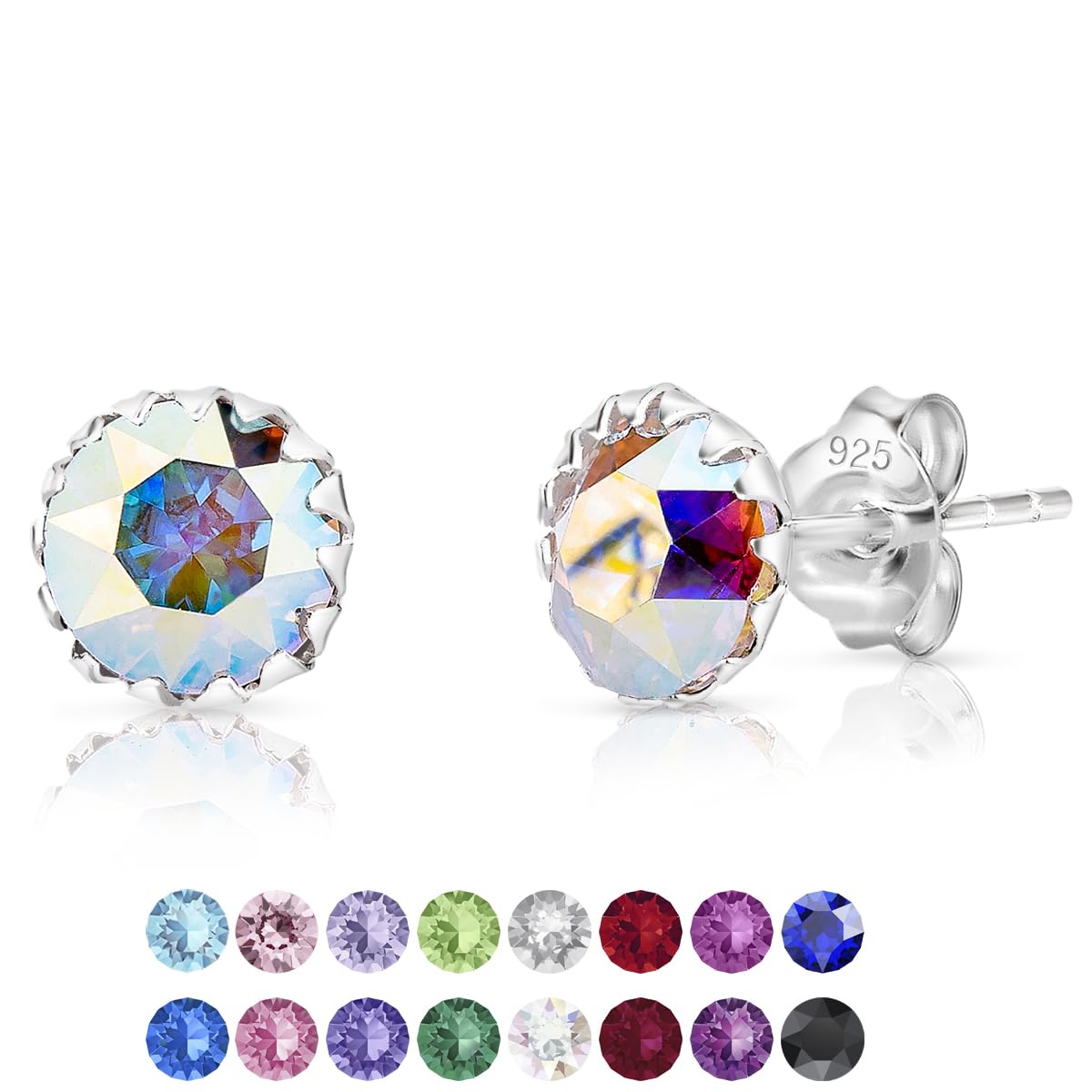 Aurora Borealis Stud Earrings - 925 Sterling Silver Studs Earrings with Crystal Light Borealis 6 mm - Crystal Studs for Women - Round Stud 925 Sterling Silver — image 1