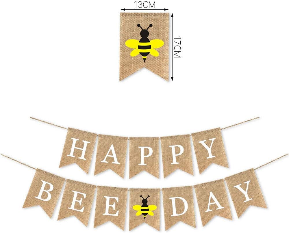 SWHATYW Burlap Happy Bee Day Banner Boy Girl Bumble Bee Themed Birthday Party Decoration, Light Brown, Yellow - Image 4