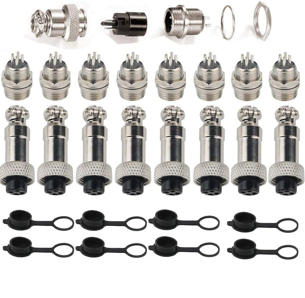 RUNCCI-YUN 8Pcs GX16-4 Pin Aviation Connector Plug Adapter, 5A 16MM Thread Male Female Metal Panel Aviation Wire Connector Kit with Rubber Protector Cap