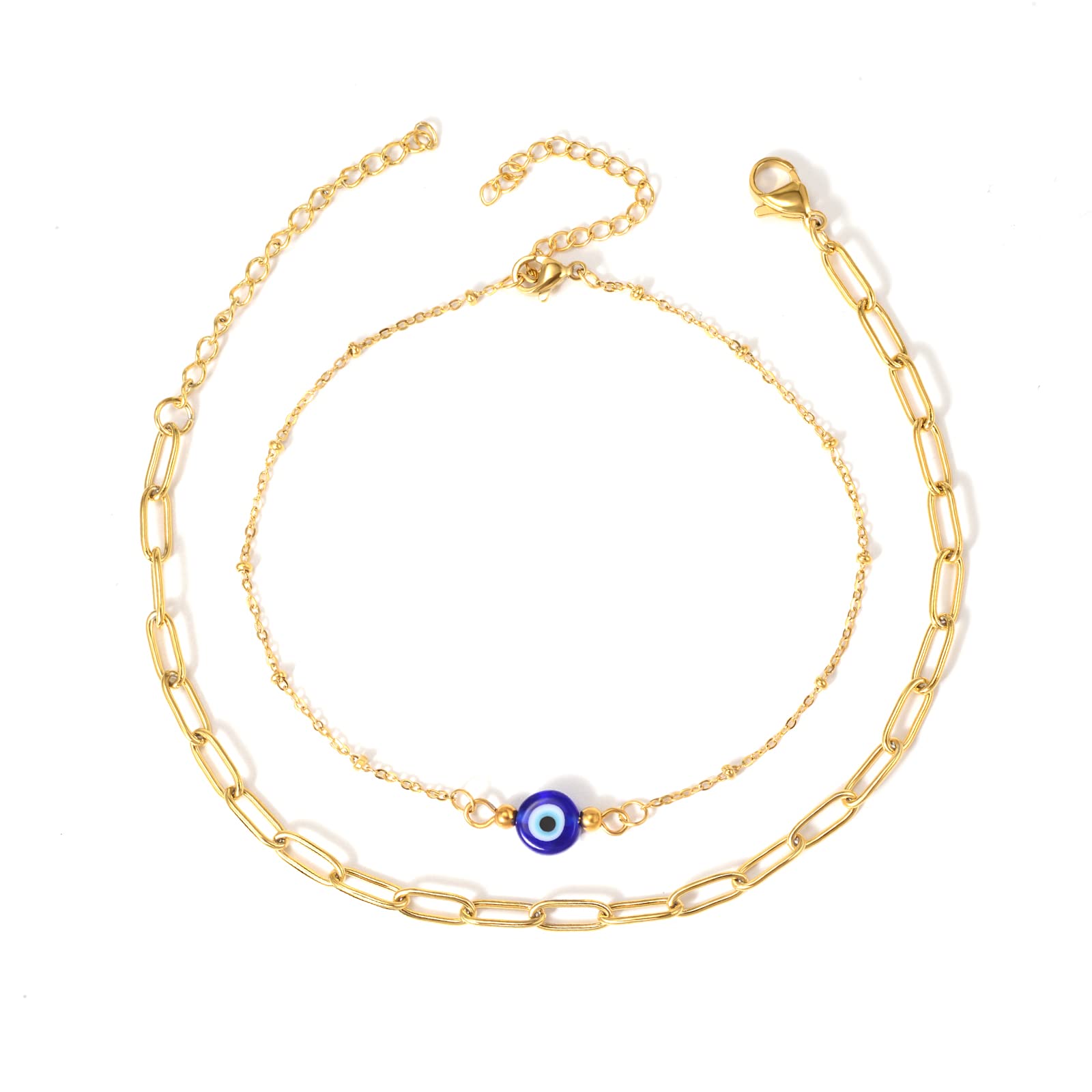 MANVEN Evil Eye Beads Ankle Bracelet Bobh Adjustable Double Layered Gold Anklets Foot Jewelry for Women Girls Valentines Gifts for Her