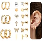 Hypoallergenic Surgical Steel Flat Back Earrings for Women Trendy 14K Gold Cartilage Earring Helix Conch Tragus Piercing Jewelry Earring Stacks Small Hoop Flatback Earrings Sets for Multiple Piercing