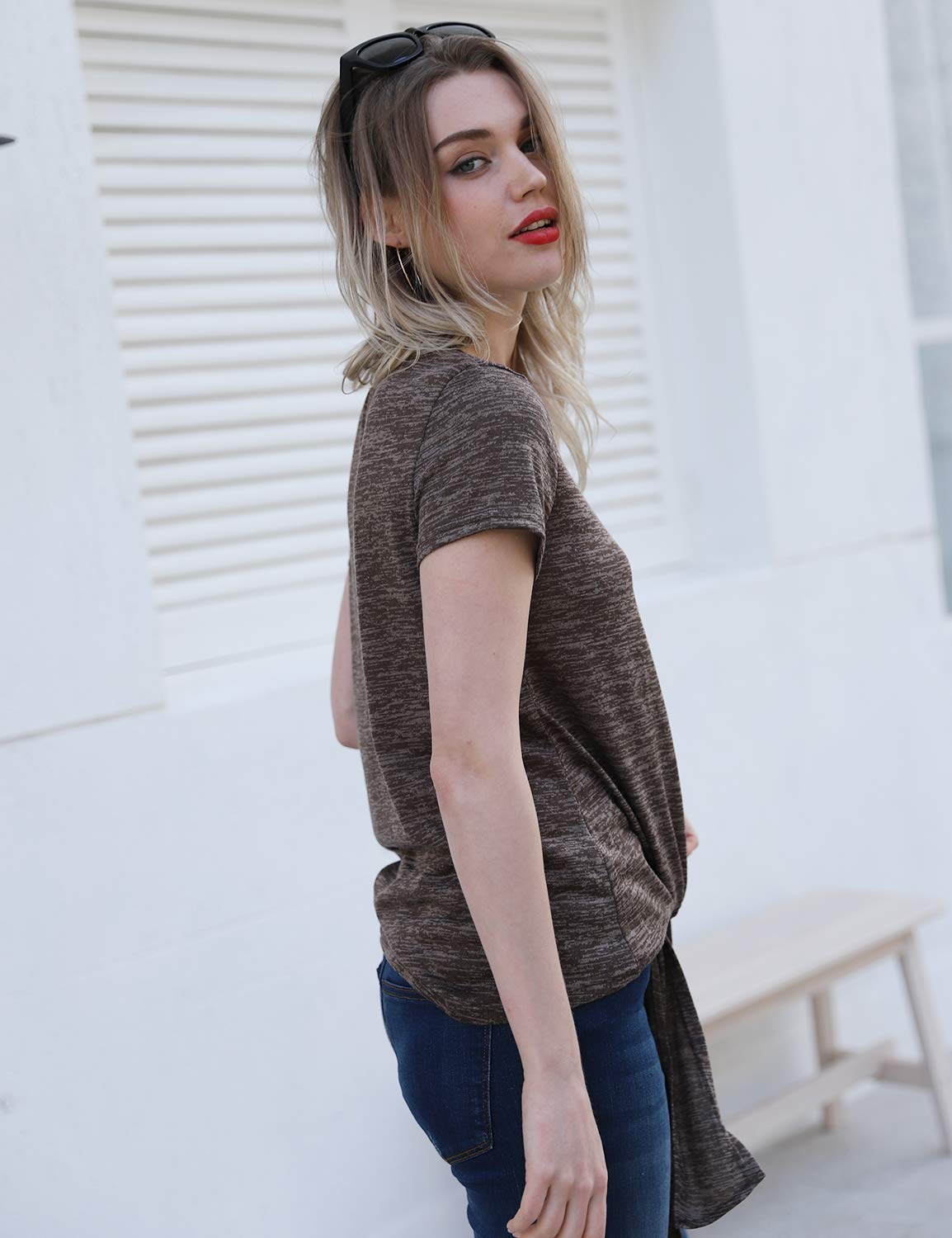 Blooming Jelly Ladies Tie Up Top Asymmetric Casual T Shirt Summer Tops for Women Going Out Brown,S