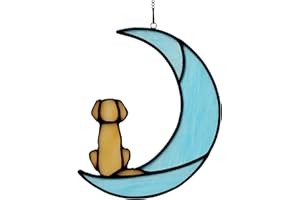 BOXCASA Dog Memorial Gifts Dog on Moon,Stained Glass Window Hanging for Suncatcher Decor,Yellow Dog Sympathy Gifts for Dog Lovers,Loss of Dog Sympathy Gift,Pet Memorial Gifts
