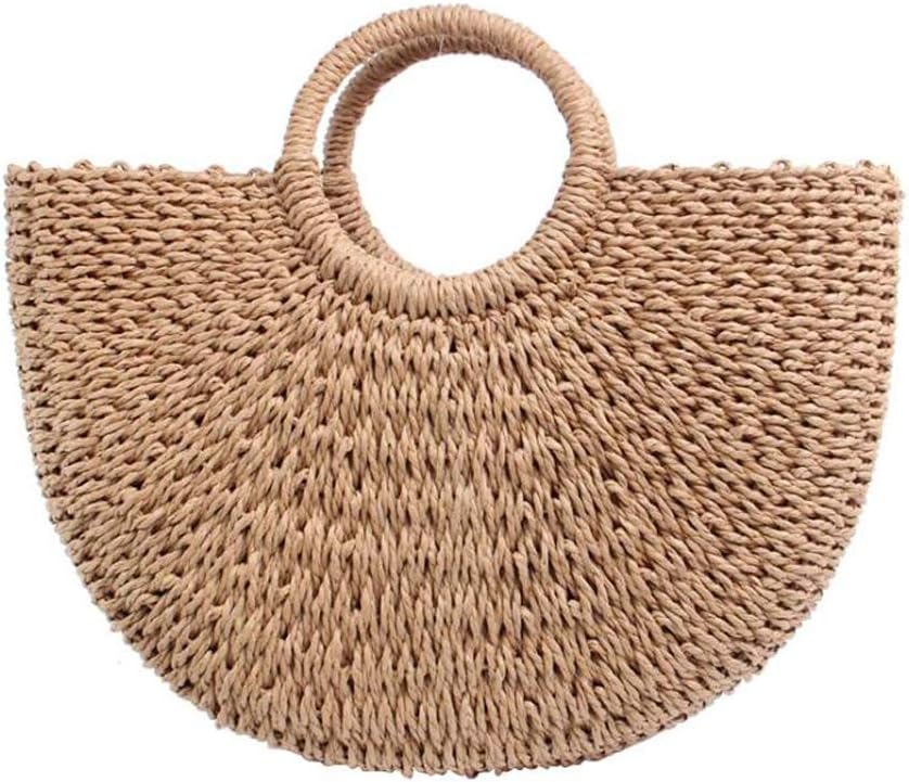 VOANZO Natural Retro Hand-Woven Straw Handbag, Stylish Simple Round Handle Beach Bag,Paper Rope Round Bucket Woven Female Bag(Brown)