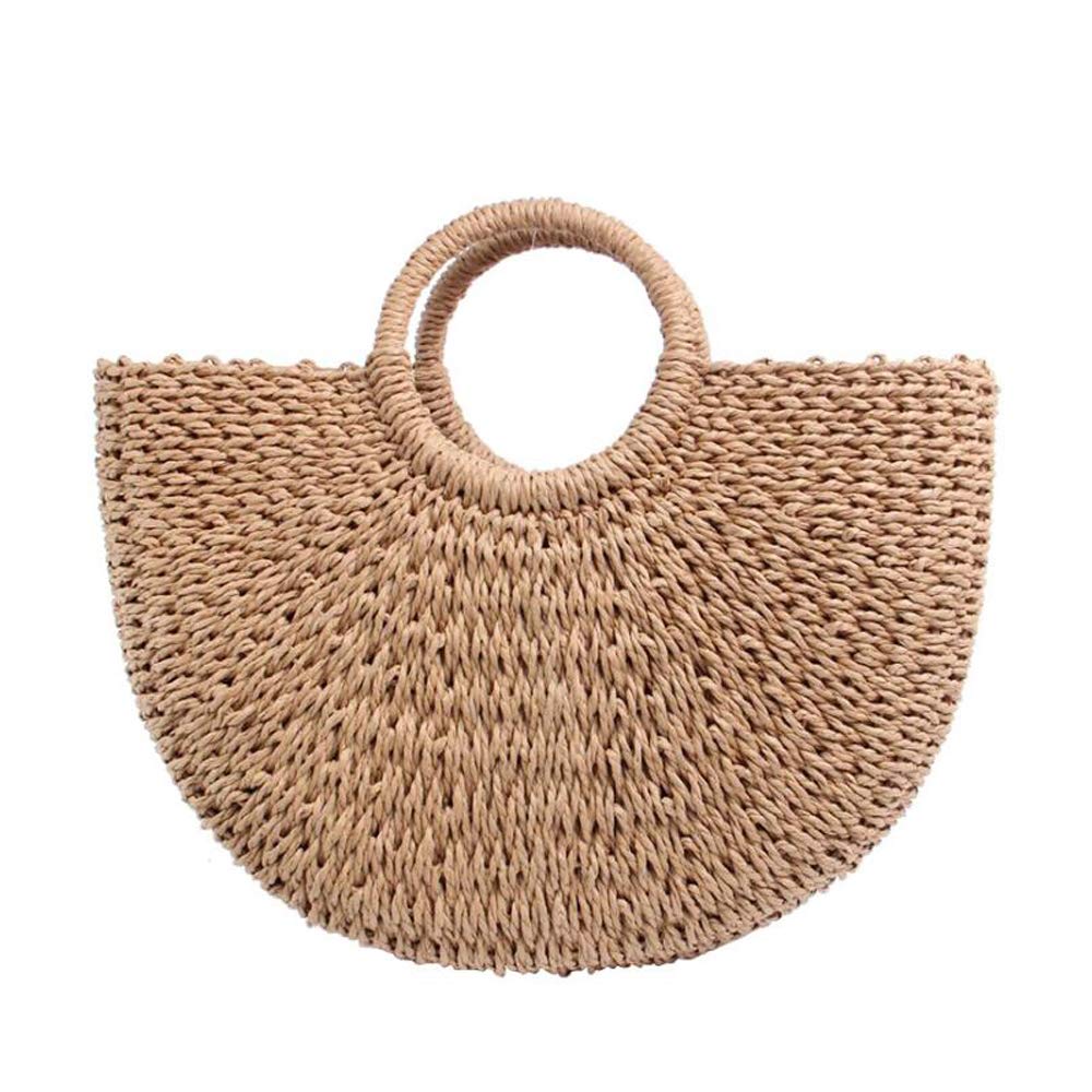 VOANZO Natural Retro Hand-Woven Straw Handbag, Stylish Simple Round Handle Beach Bag,Paper Rope Round Bucket Woven Female Bag（Brown）