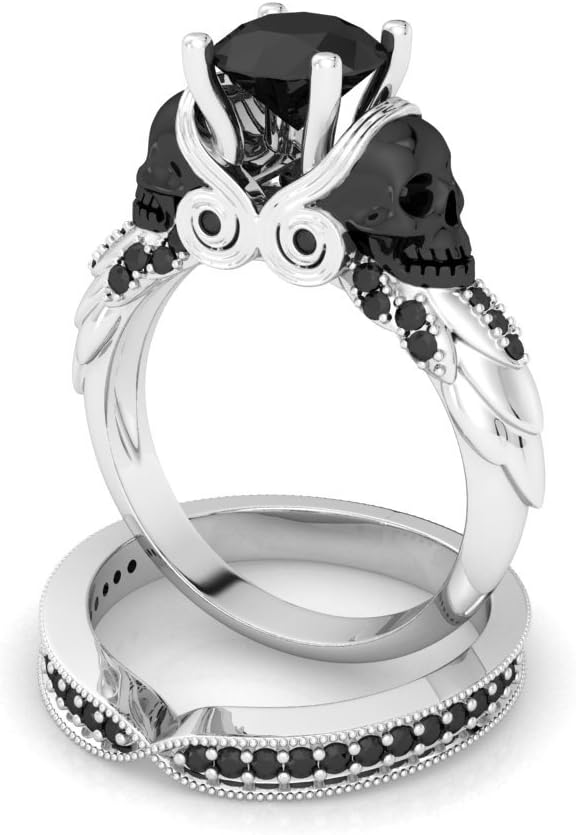Venus Jewels 2.80ct Round Black Diamond & Skull Designed Engagement Wedding Ring in White 925 Sterling Silver