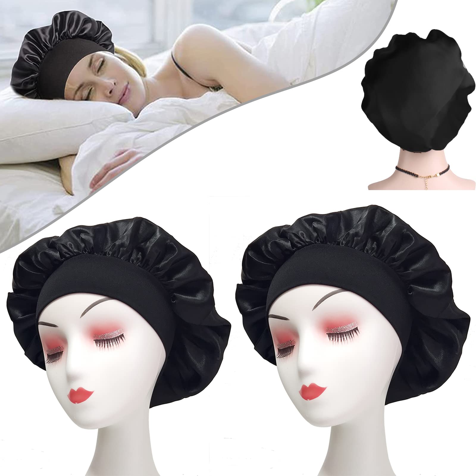 Hair Bonnet for Sleeping, Wide Band Satin Bonnet, Night Sleep Cap Silk Bonnet for Women Girls, Hair Care Sleeping Head Cover Elastic Hat Hair Bonnet for Black Hair Curly Hair (2pcs Black+Black)