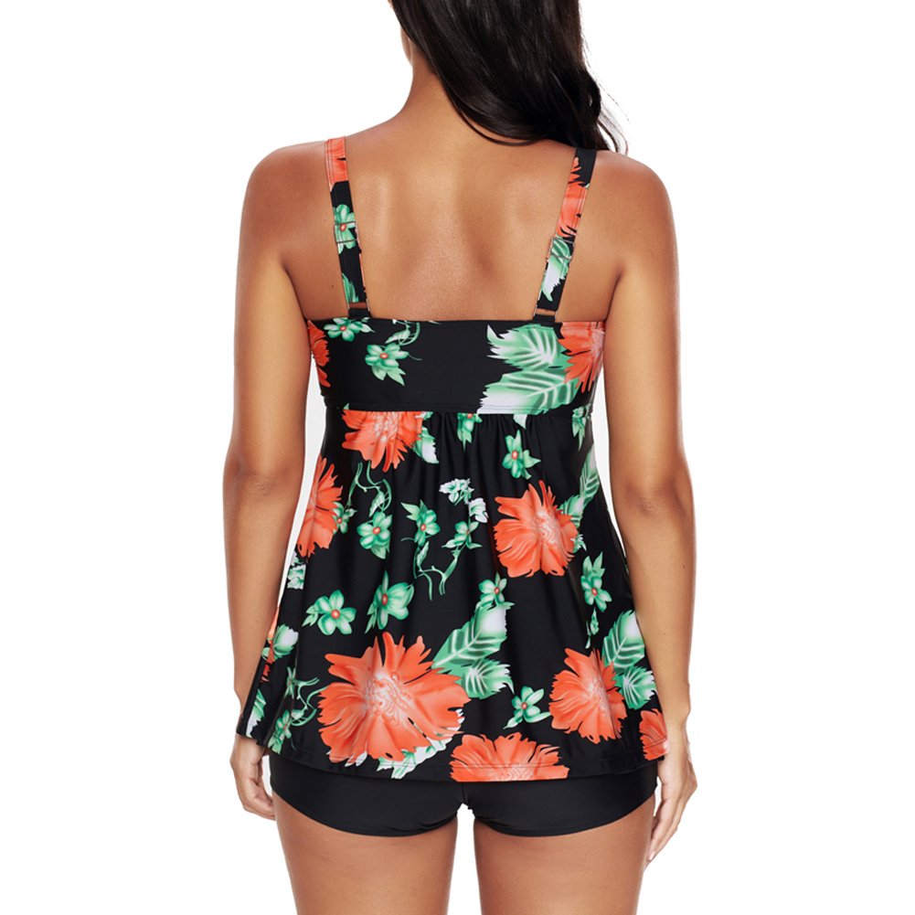 Zumine Floral Printed Tankini Swimsuits for Women with Boyshorts Two Piece Bathing Suits (XL, Black)