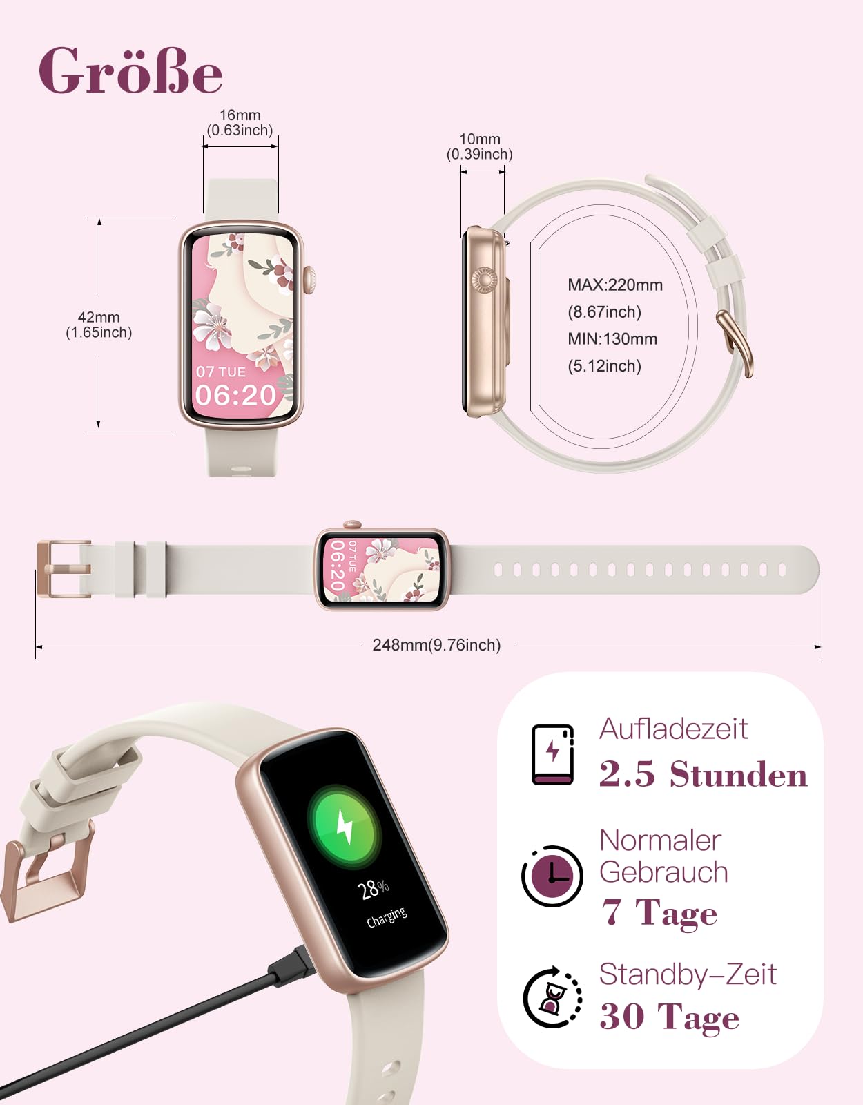 Smartwatch Damen 1.47'' Schmal Fitnessuhr mit Herzfrequenz SpO2 Schlafüberwachung Schrittzähler Kalorienzähler Menstruationszyklus Anruf Whatsapp Mitteilungen Fitness Tracker für Android iOS 8